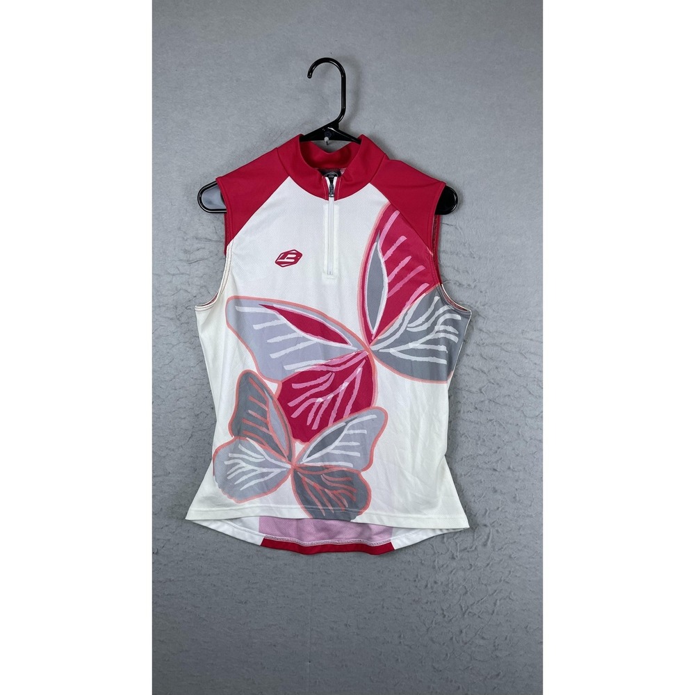 Briko Butterfly Cycling‎ Jersey Tank Womens Large Pink White Sleeveless 1/4 Zip
